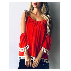 Red Tasseled Cold Shoulder Spaghetti Str…